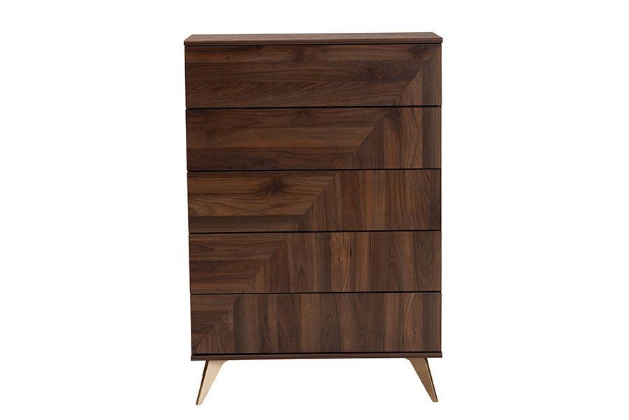 Baxton Studio Graceland Mid-Century Modern Transitional Walnut Brown Finished Wood 5-Drawer Storage Chest FredCo