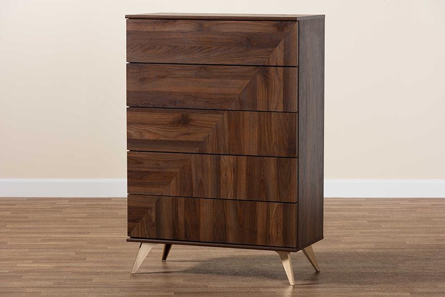 Baxton Studio Graceland Mid-Century Modern Transitional Walnut Brown Finished Wood 5-Drawer Storage Chest FredCo