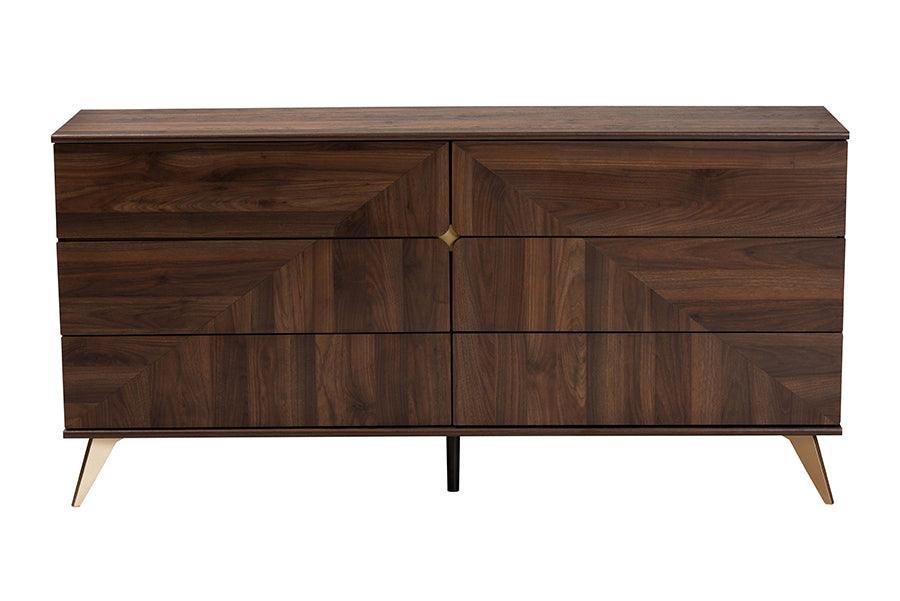 Baxton Studio Graceland Mid-Century Modern Transitional Walnut Brown Finished Wood 6-Drawer Dresser FredCo