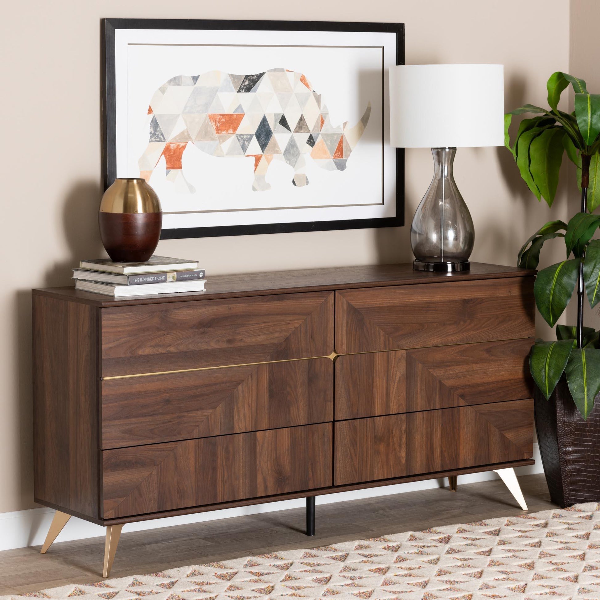 Baxton Studio Graceland Mid-Century Modern Transitional Walnut Brown Finished Wood 6-Drawer Dresser FredCo
