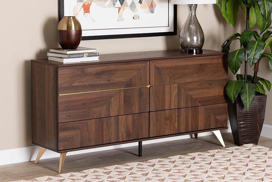 Baxton Studio Graceland Mid-Century Modern Transitional Walnut Brown Finished Wood 6-Drawer Dresser FredCo