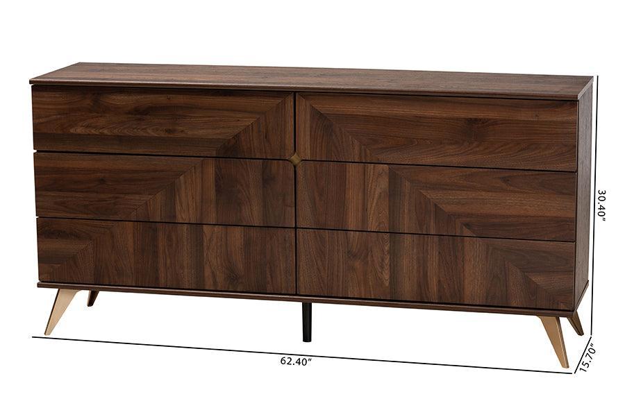 Baxton Studio Graceland Mid-Century Modern Transitional Walnut Brown Finished Wood 6-Drawer Dresser FredCo