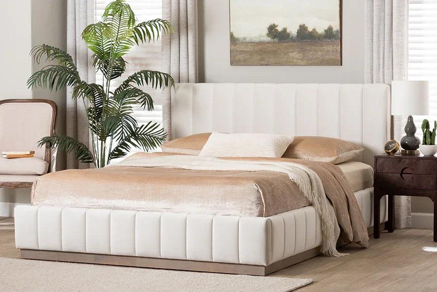 Baxton Studio Granger Velvet Upholstered Platform Bed with Channel Tufted Headboard, Modern Low Profile Bed Frame, Alabaster White, Queen FredCo