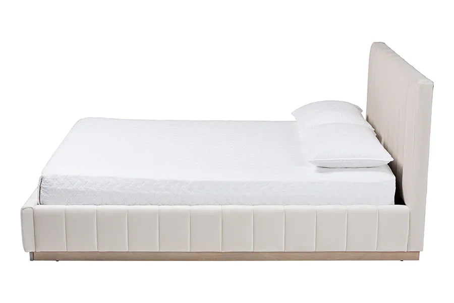 Baxton Studio Granger Velvet Upholstered Platform Bed with Channel Tufted Headboard, Modern Low Profile Bed Frame, Alabaster White, Queen FredCo