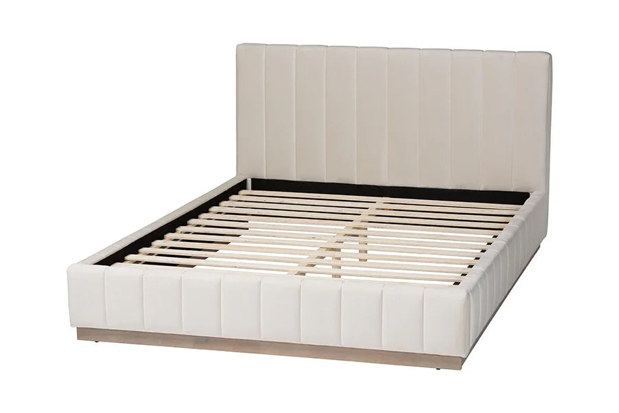 Baxton Studio Granger Velvet Upholstered Platform Bed with Channel Tufted Headboard, Modern Low Profile Bed Frame, Alabaster White, Queen FredCo