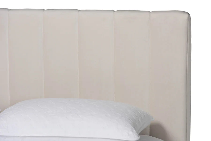 Baxton Studio Granger Velvet Upholstered Platform Bed with Channel Tufted Headboard, Modern Low Profile Bed Frame, Alabaster White, Queen FredCo