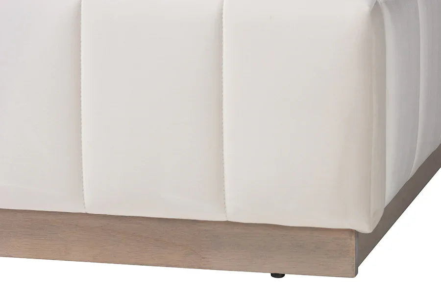 Baxton Studio Granger Velvet Upholstered Platform Bed with Channel Tufted Headboard, Modern Low Profile Bed Frame, Alabaster White, Queen FredCo