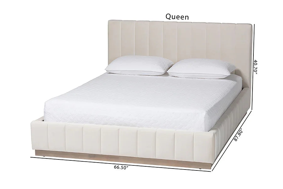 Baxton Studio Granger Velvet Upholstered Platform Bed with Channel Tufted Headboard, Modern Low Profile Bed Frame, Alabaster White, Queen FredCo