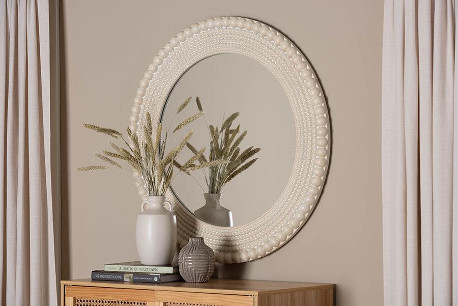 Baxton Studio Grazia Modern Round Beaded-framed Accent Mirror in Pearl White FredCo