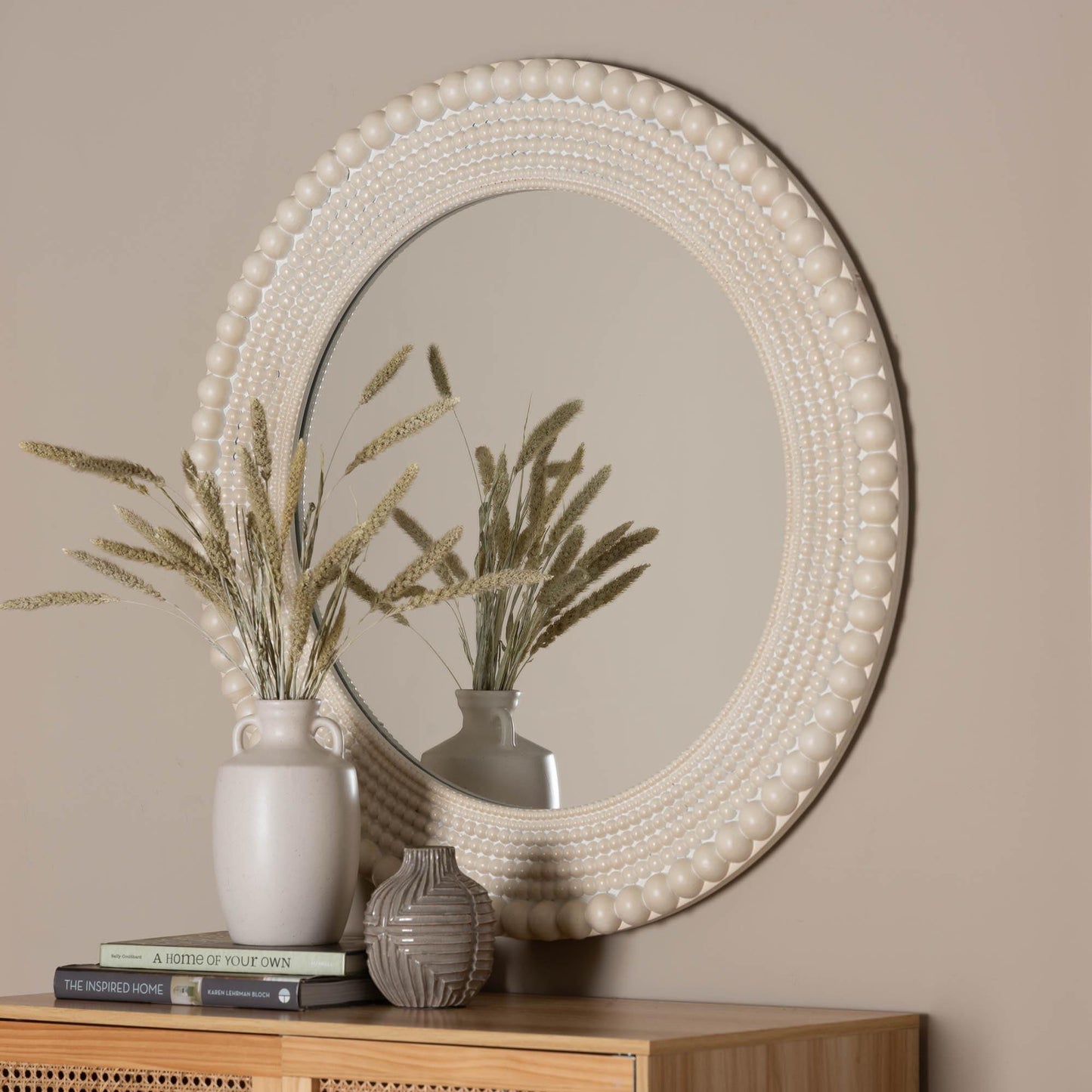 Baxton Studio Grazia Modern Round Beaded-framed Accent Mirror in Pearl White FredCo