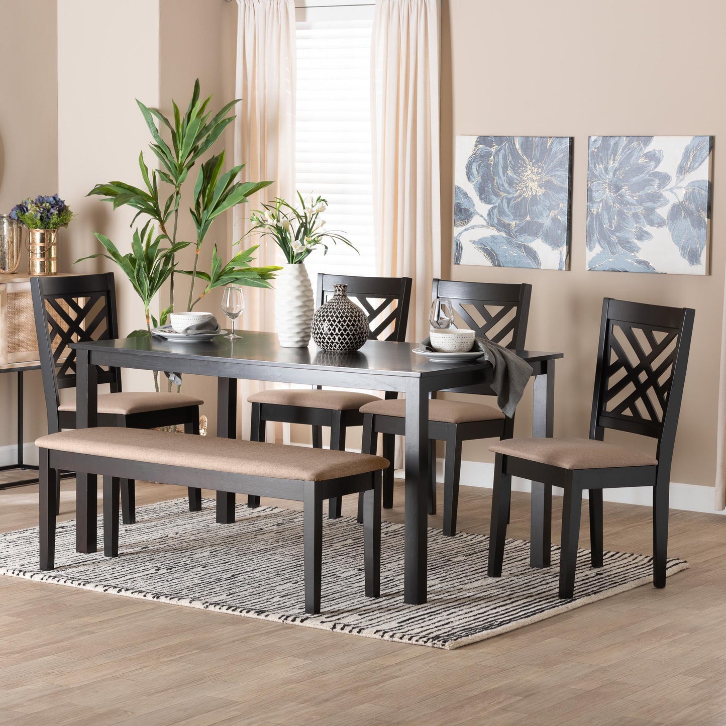 Baxton Studio Gustavo Modern Sand Fabric and Walnut Brown Finished Wood 6-Piece Dining Set FredCo