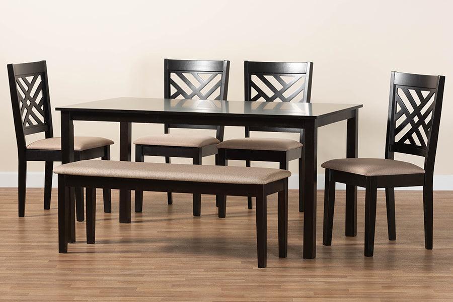 Baxton Studio Gustavo Modern Sand Fabric and Walnut Brown Finished Wood 6-Piece Dining Set FredCo