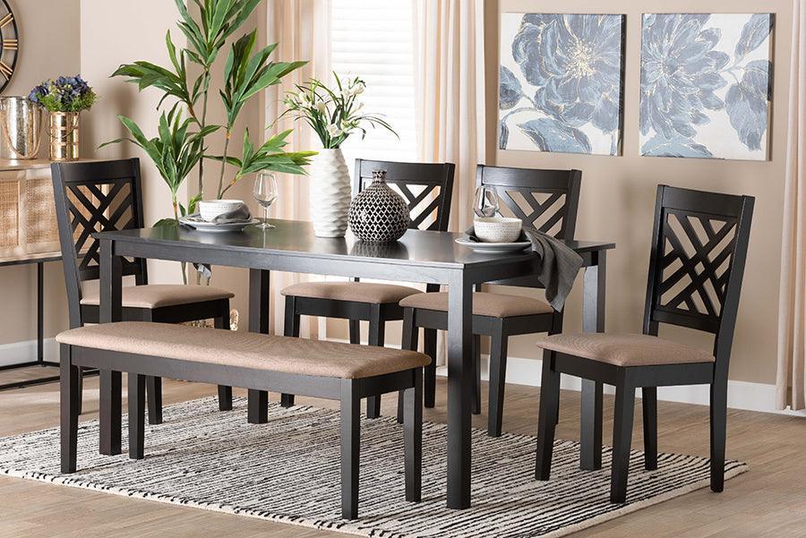 Baxton Studio Gustavo Modern Sand Fabric and Walnut Brown Finished Wood 6-Piece Dining Set FredCo