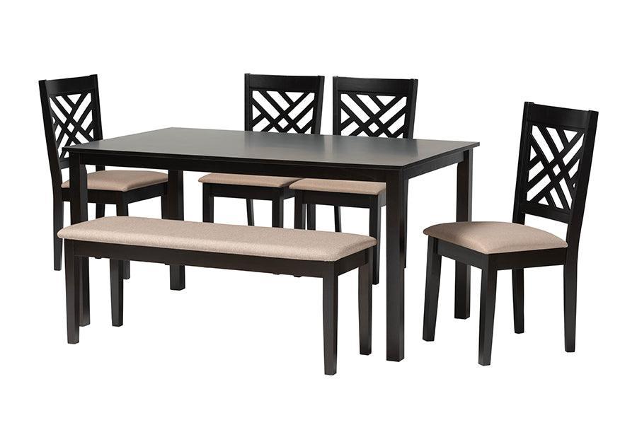 Baxton Studio Gustavo Modern Sand Fabric and Walnut Brown Finished Wood 6-Piece Dining Set FredCo