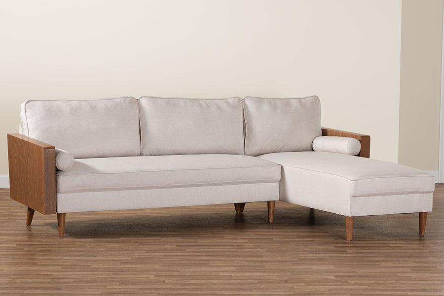 Baxton Studio Harleson Mid-Century Modern Beige Fabric and Walnut Brown Wood Right Facing Sectional Sofa FredCo