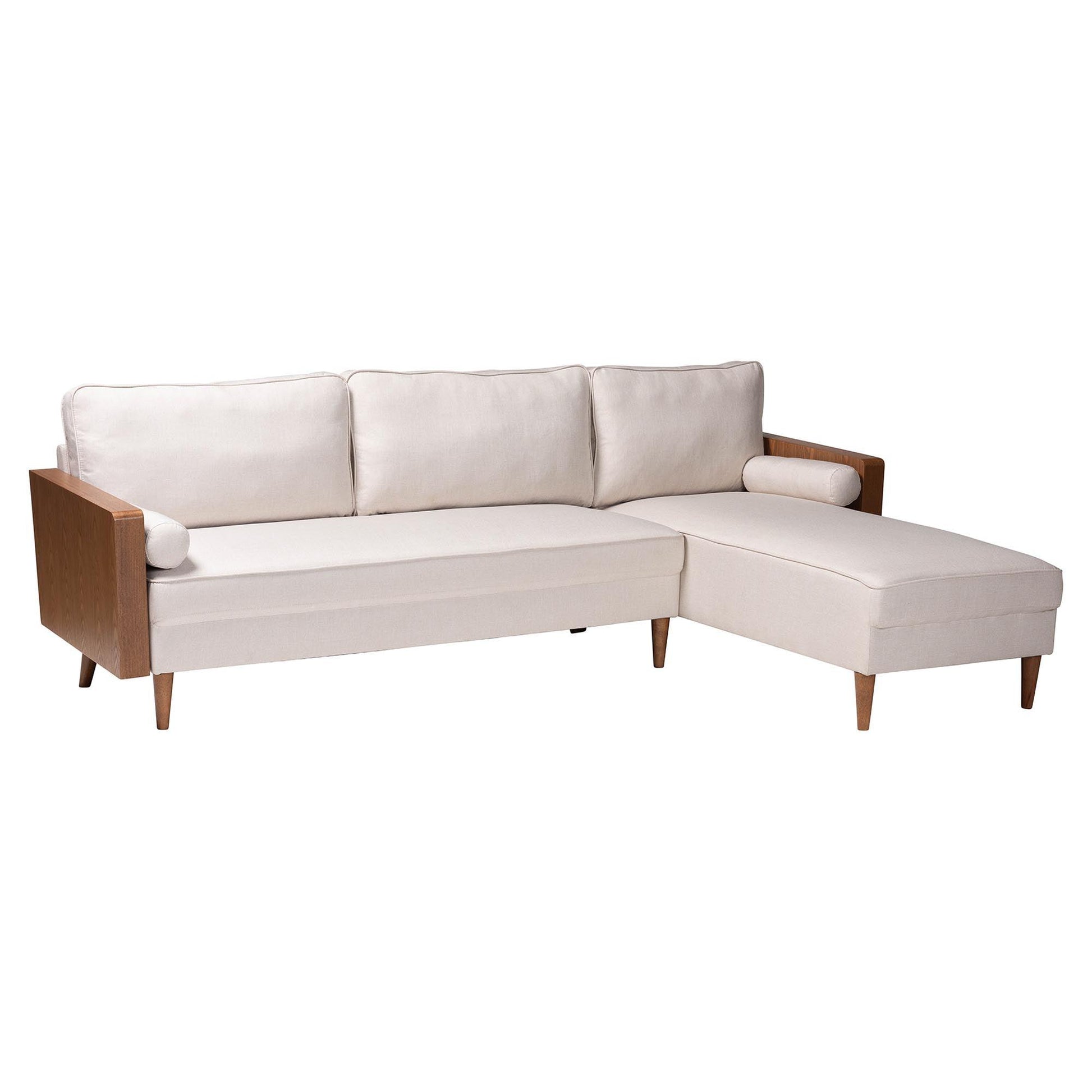 Baxton Studio Harleson Mid-Century Modern Beige Fabric and Walnut Brown Wood Right Facing Sectional Sofa FredCo