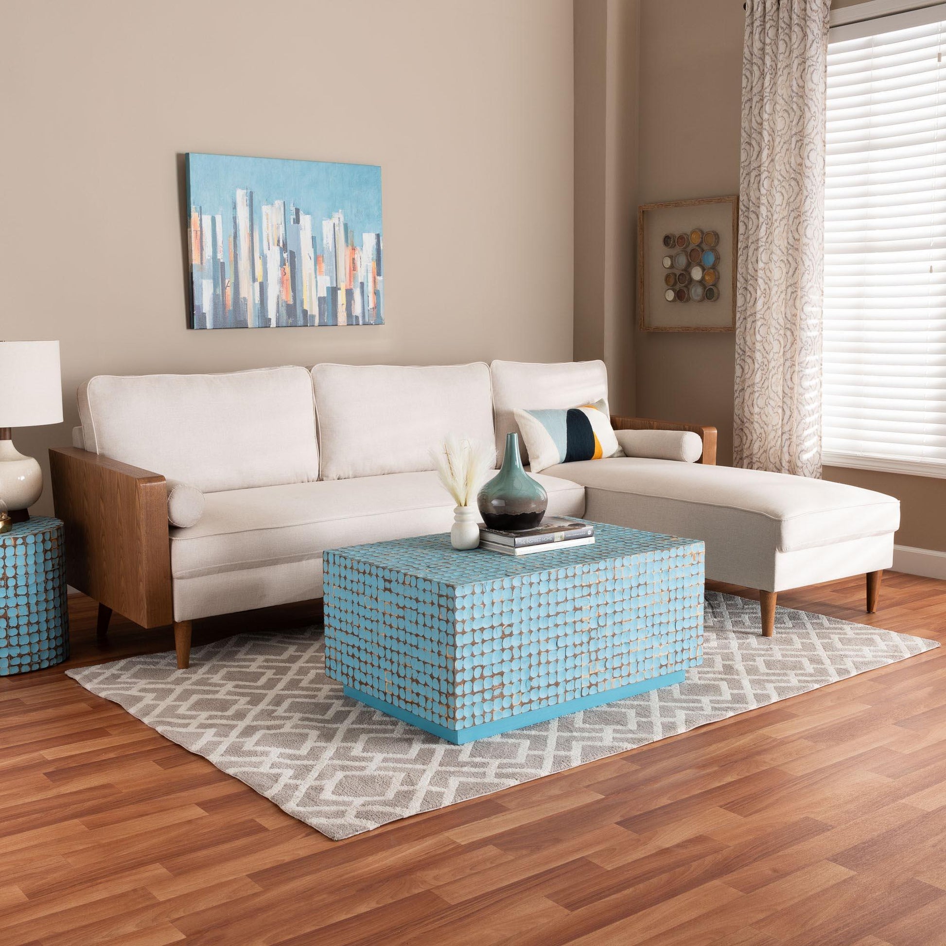 Baxton Studio Harleson Mid-Century Modern Beige Fabric and Walnut Brown Wood Right Facing Sectional Sofa FredCo