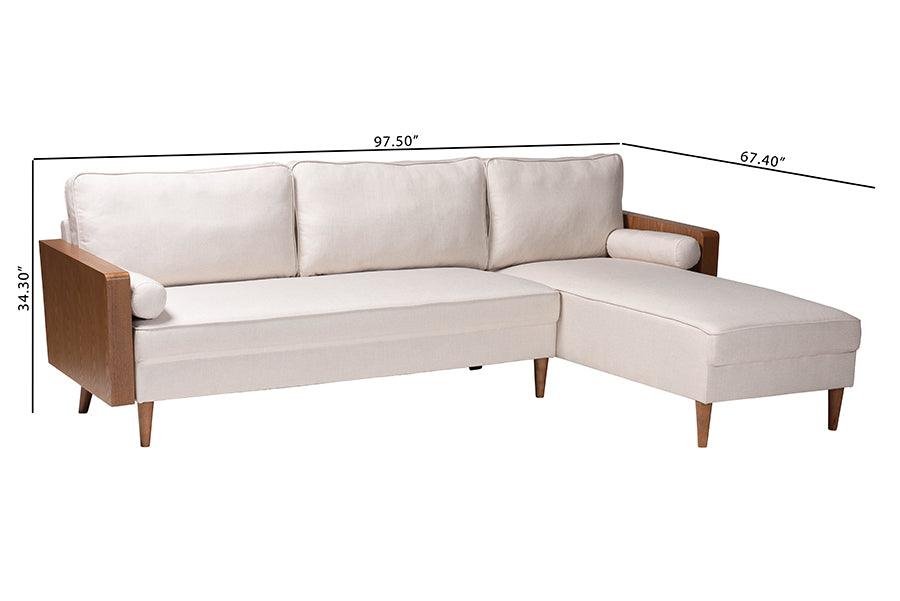Baxton Studio Harleson Mid-Century Modern Beige Fabric and Walnut Brown Wood Right Facing Sectional Sofa FredCo