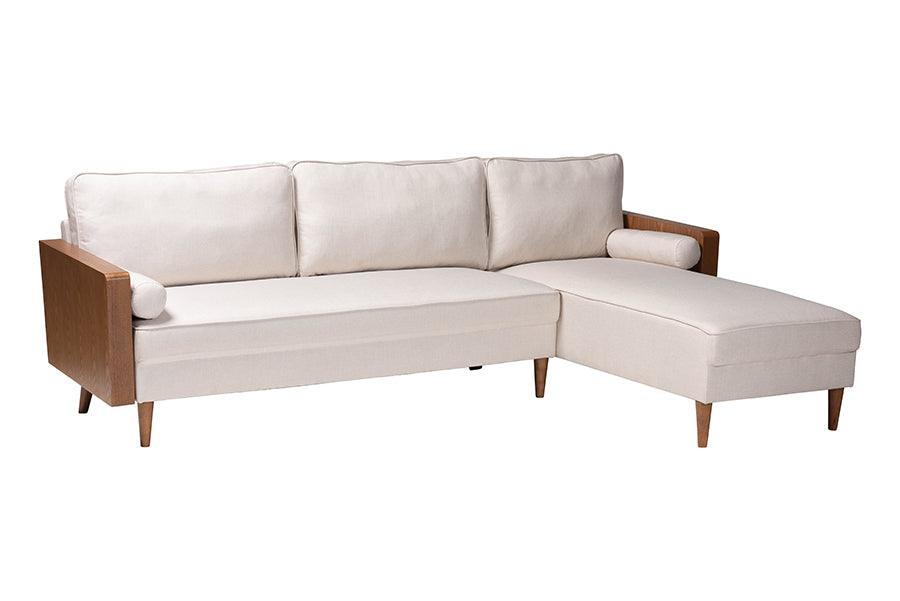 Baxton Studio Harleson Mid-Century Modern Beige Fabric and Walnut Brown Wood Right Facing Sectional Sofa FredCo