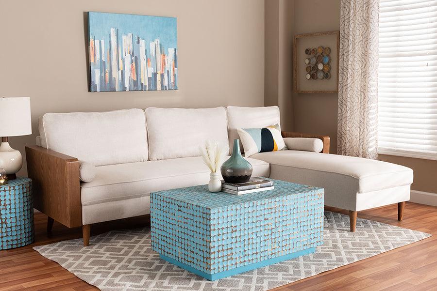 Baxton Studio Harleson Mid-Century Modern Beige Fabric and Walnut Brown Wood Right Facing Sectional Sofa FredCo