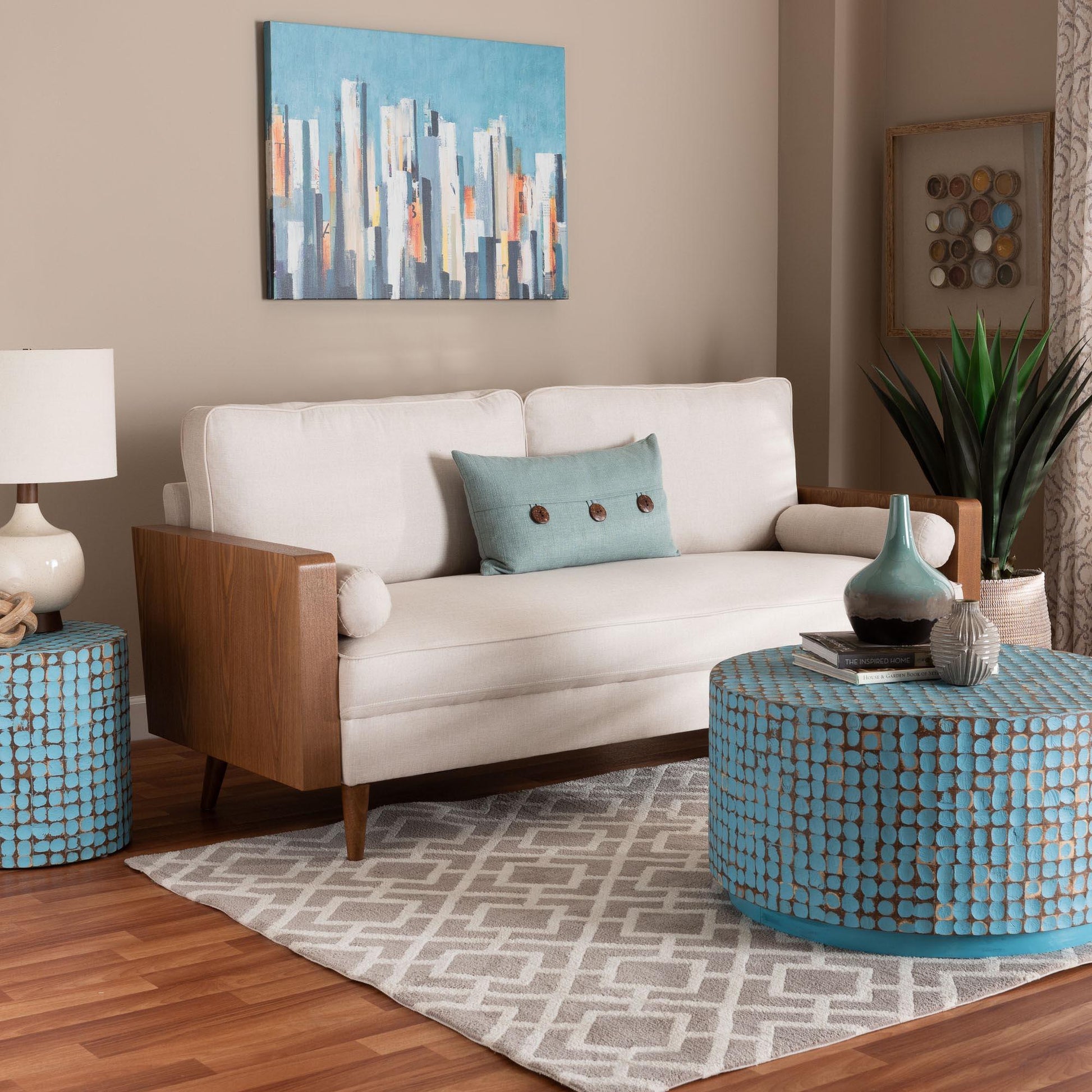Baxton Studio Harleson Mid-Century Modern Beige Fabric and Walnut Brown Wood Sofa FredCo