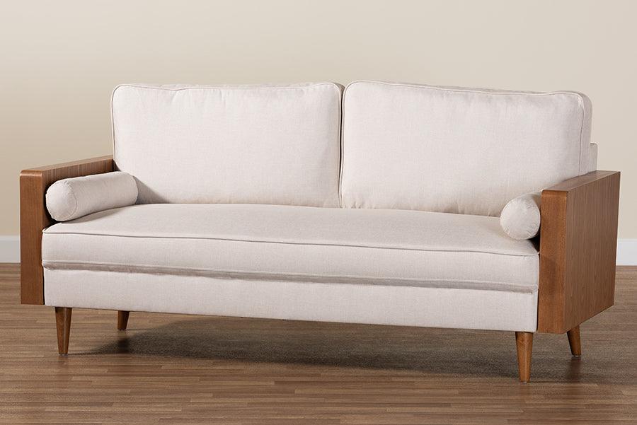 Baxton Studio Harleson Mid-Century Modern Beige Fabric and Walnut Brown Wood Sofa FredCo