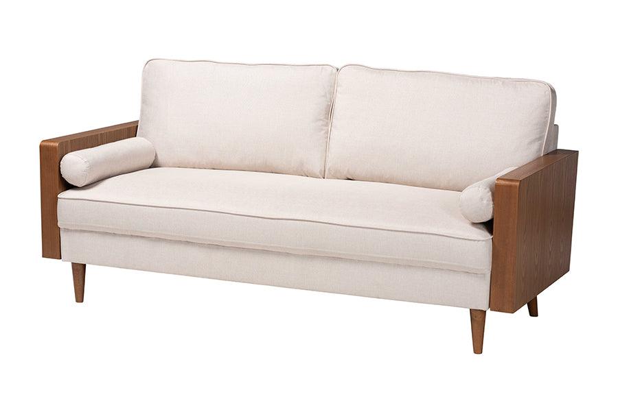 Baxton Studio Harleson Mid-Century Modern Beige Fabric and Walnut Brown Wood Sofa FredCo