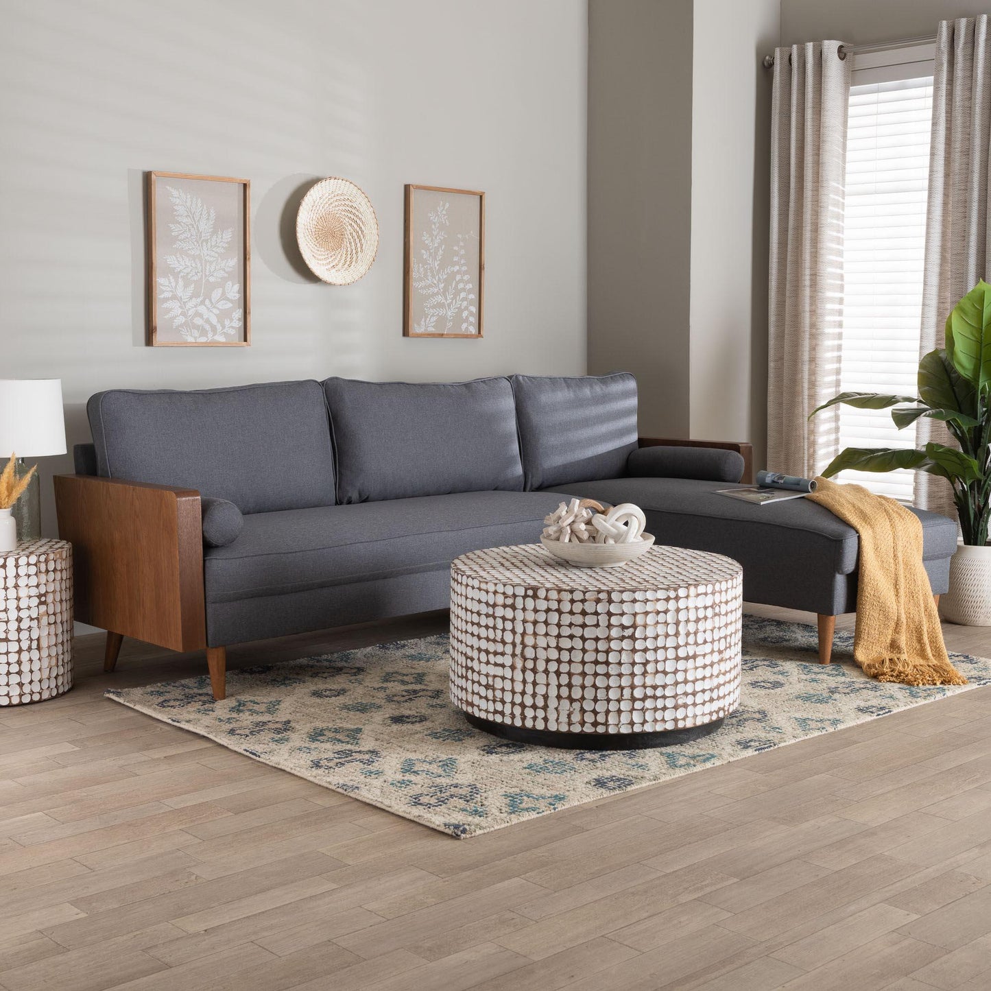 Baxton Studio Harleson Mid-Century Modern Grey Fabric and Walnut Brown Wood Right Facing Sectional Sofa FredCo