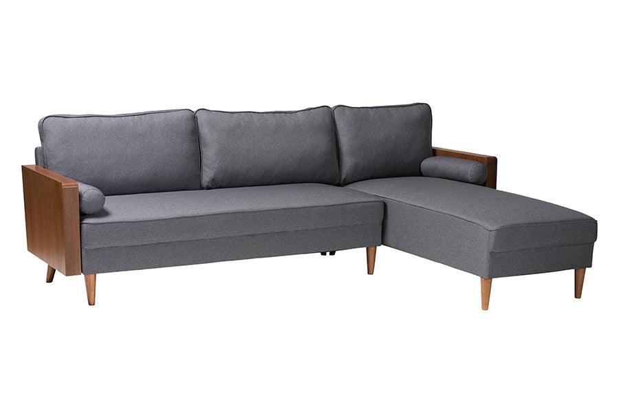 Baxton Studio Harleson Mid-Century Modern Grey Fabric and Walnut Brown Wood Right Facing Sectional Sofa FredCo