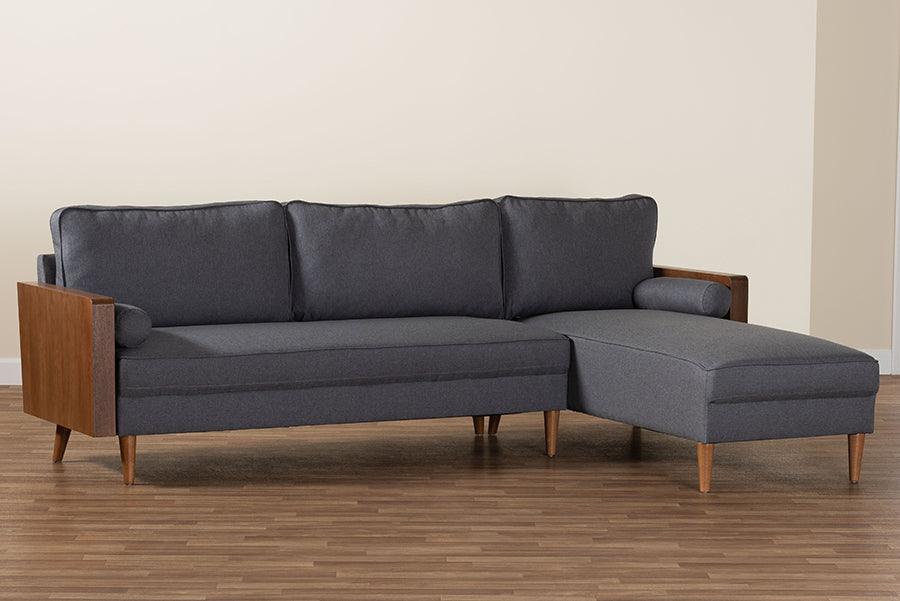 Baxton Studio Harleson Mid-Century Modern Grey Fabric and Walnut Brown Wood Right Facing Sectional Sofa FredCo