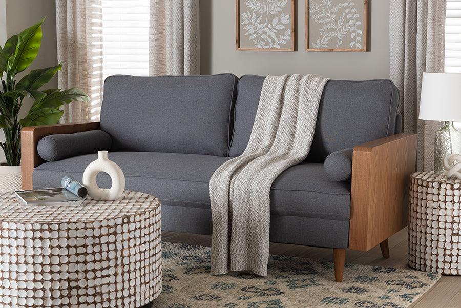 Baxton Studio Harleson Mid-Century Modern Grey Fabric and Walnut Brown Wood Sofa FredCo