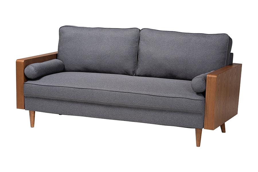 Baxton Studio Harleson Mid-Century Modern Grey Fabric and Walnut Brown Wood Sofa FredCo