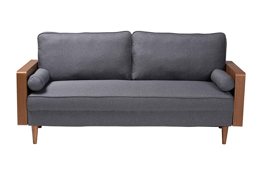 Baxton Studio Harleson Mid-Century Modern Grey Fabric and Walnut Brown Wood Sofa FredCo