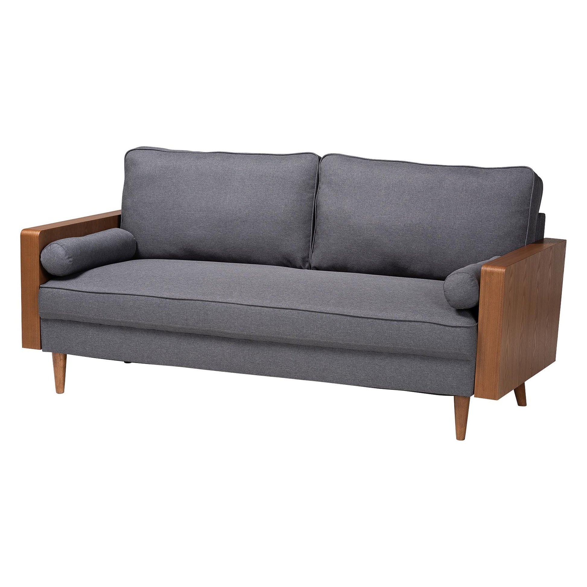 Baxton Studio Harleson Mid-Century Modern Grey Fabric and Walnut Brown Wood Sofa FredCo