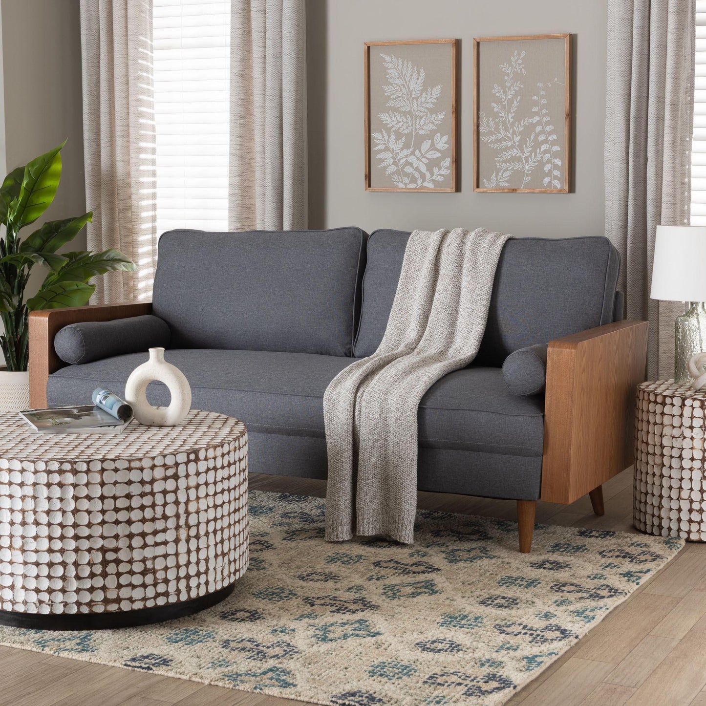 Baxton Studio Harleson Mid-Century Modern Grey Fabric and Walnut Brown Wood Sofa FredCo