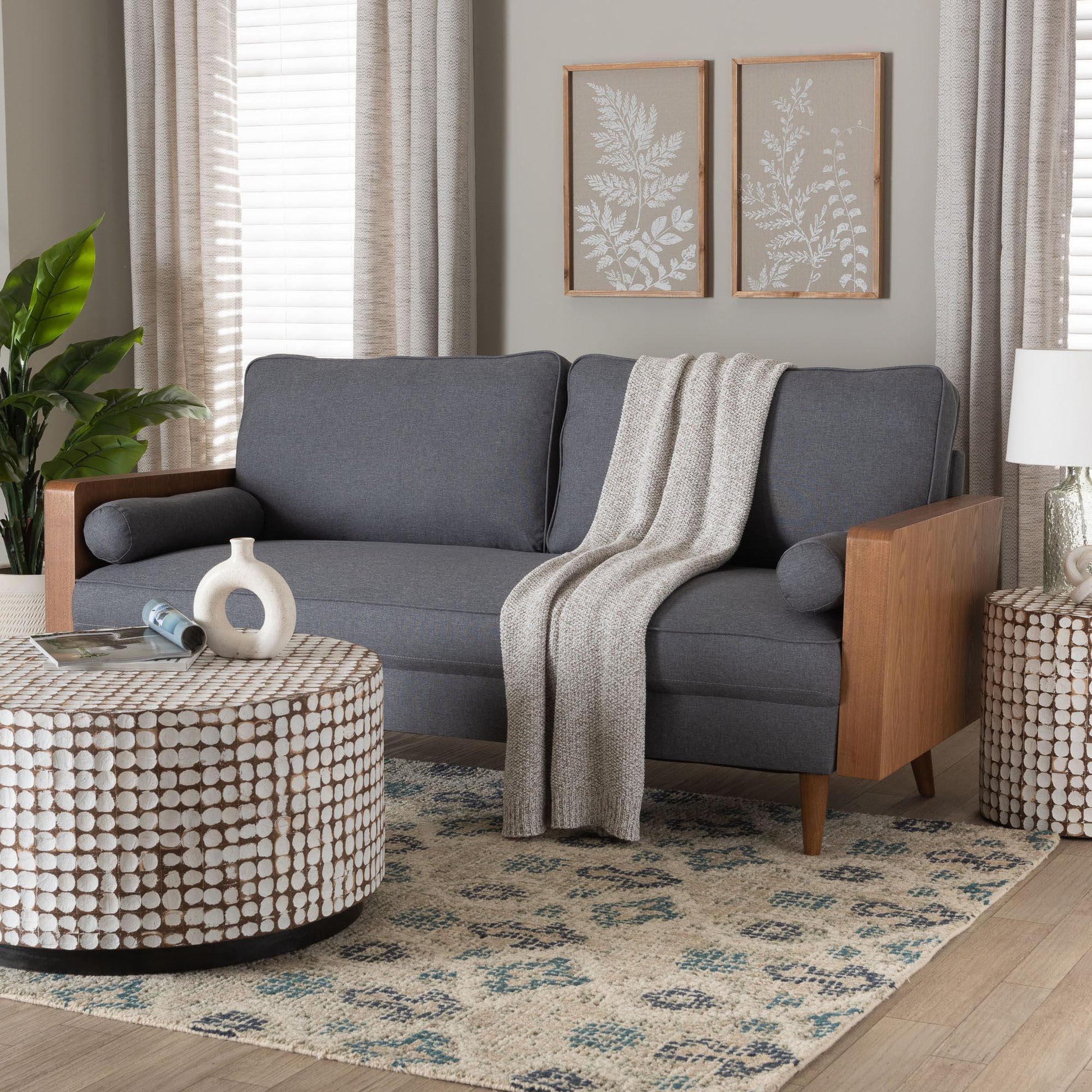 Baxton Studio Harleson Mid-Century Modern Grey Fabric and Walnut Brown Wood Sofa FredCo