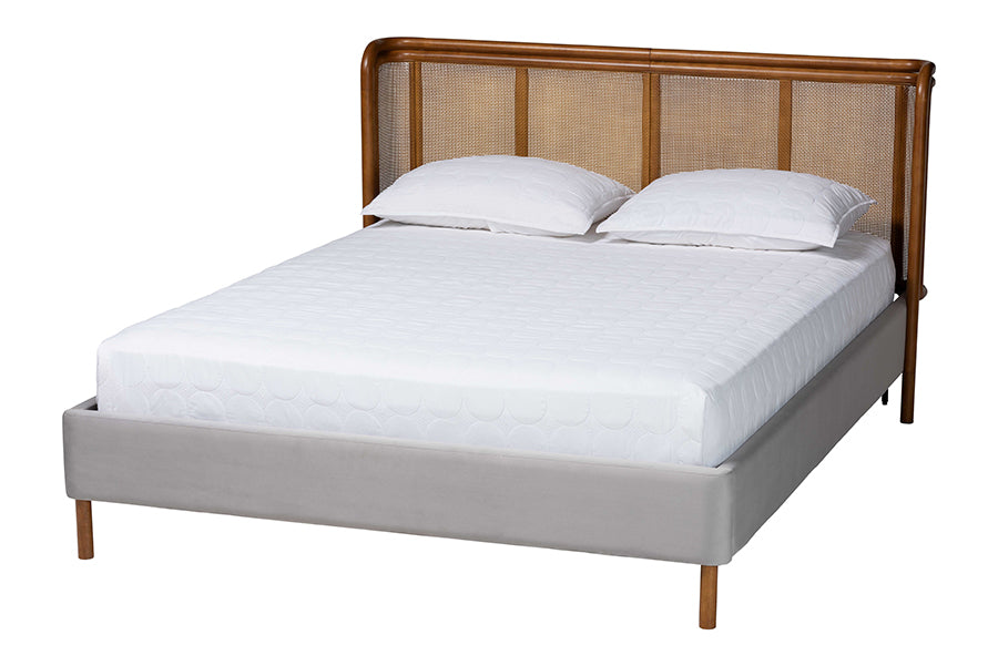 Baxton Studio Harrell Mid-Century Modern Grey Velvet and Woven Rattan Wood Queen Size Bed FredCo