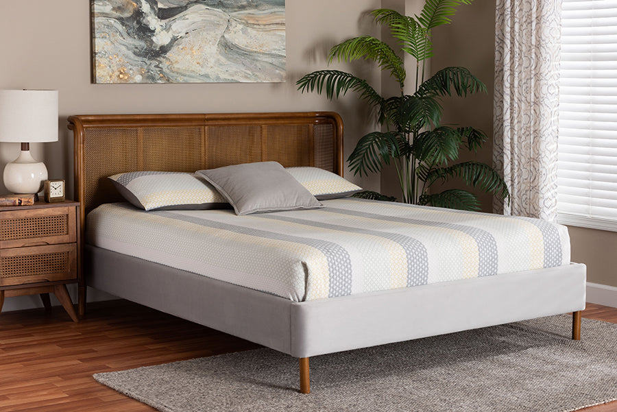 Baxton Studio Harrell Mid-Century Modern Grey Velvet and Woven Rattan Wood Queen Size Bed FredCo