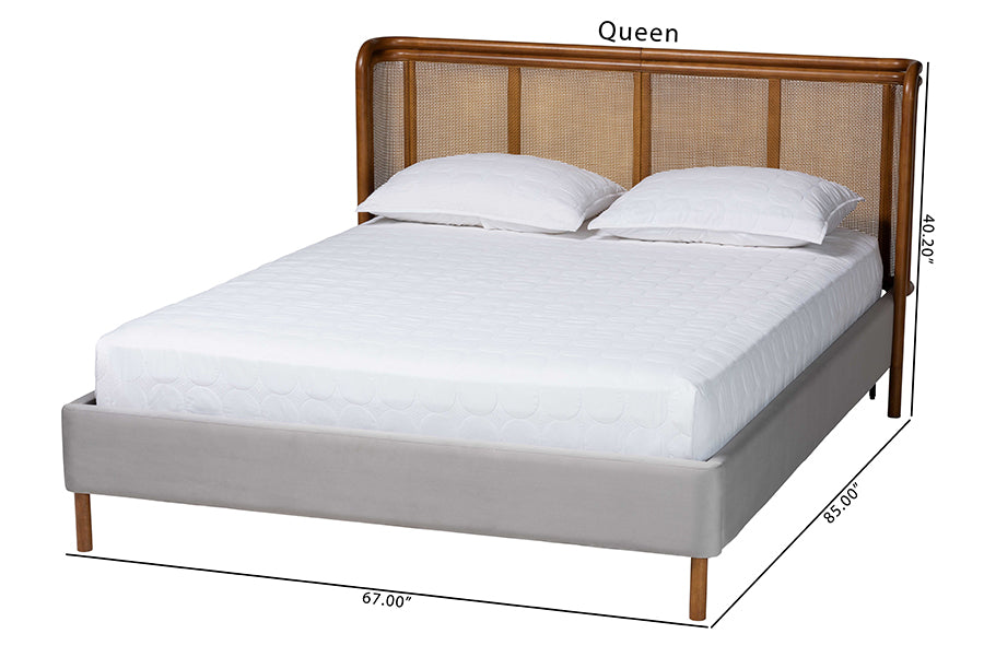 Baxton Studio Harrell Mid-Century Modern Grey Velvet and Woven Rattan Wood Queen Size Bed FredCo