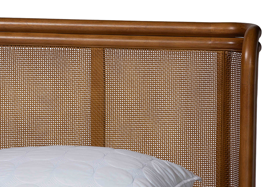 Baxton Studio Harrell Mid-Century Modern Grey Velvet and Woven Rattan Wood Queen Size Bed FredCo