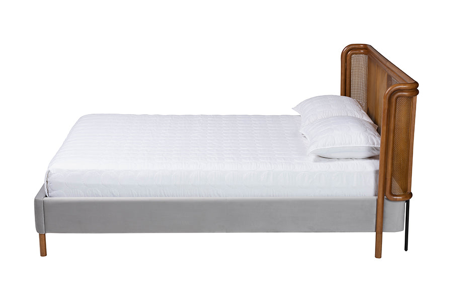 Baxton Studio Harrell Mid-Century Modern Grey Velvet and Woven Rattan Wood Queen Size Bed FredCo