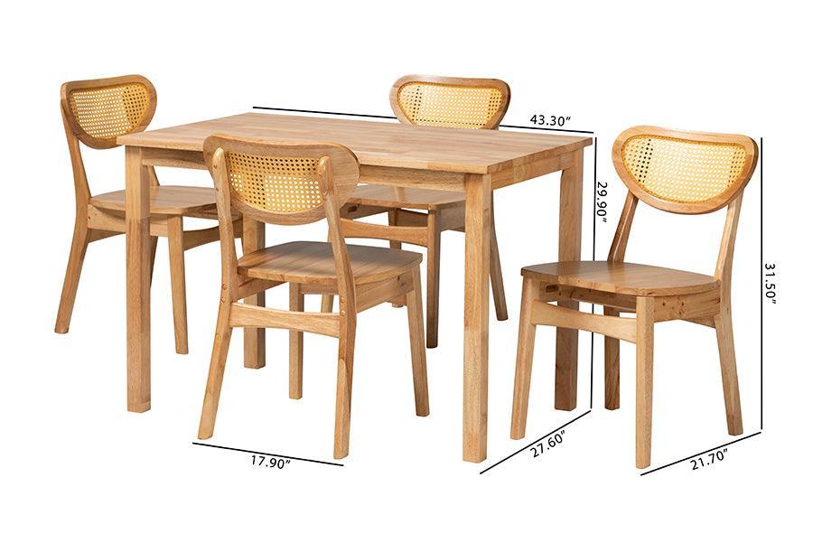 Baxton Studio Haviland Mid-Century Modern Oak Brown Finished Wood and Rattan 5-Piece Dining Set FredCo