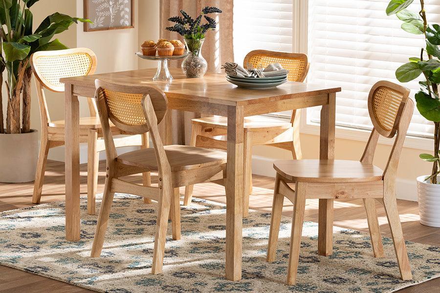 Baxton Studio Haviland Mid-Century Modern Oak Brown Finished Wood and Rattan 5-Piece Dining Set FredCo