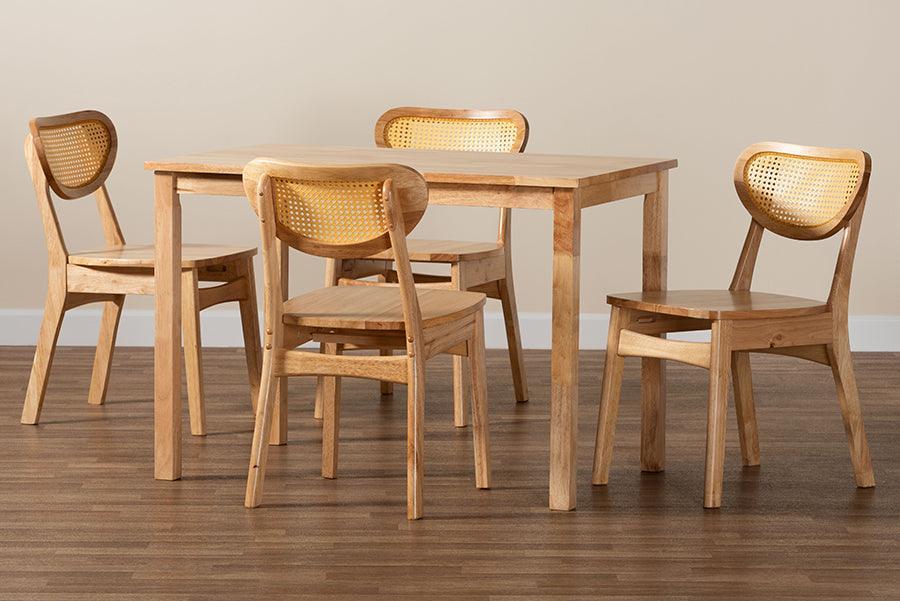 Baxton Studio Haviland Mid-Century Modern Oak Brown Finished Wood and Rattan 5-Piece Dining Set FredCo