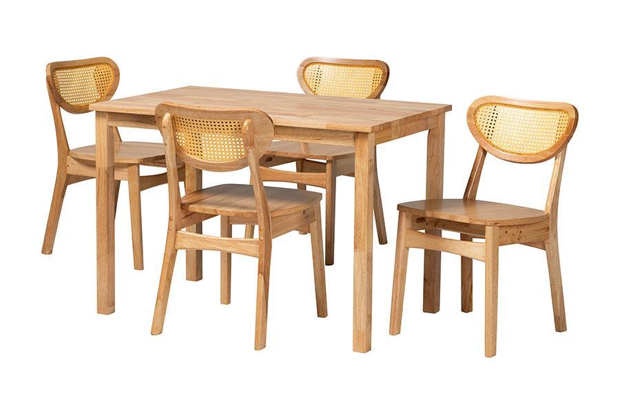 Baxton Studio Haviland Mid-Century Modern Oak Brown Finished Wood and Rattan 5-Piece Dining Set FredCo
