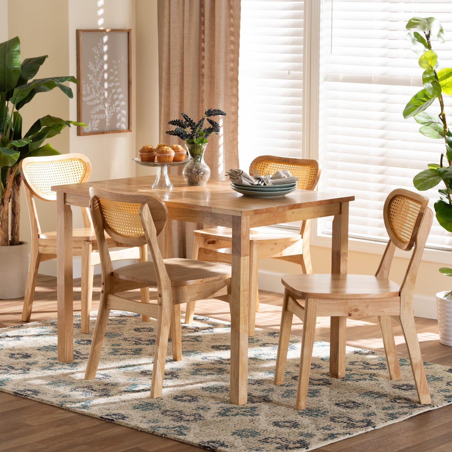 Baxton Studio Haviland Mid-Century Modern Oak Brown Finished Wood and Rattan 5-Piece Dining Set FredCo