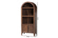 Walnut wood corner bookshelf with arched top, two shelves, cabinet doors, and size dimensions.