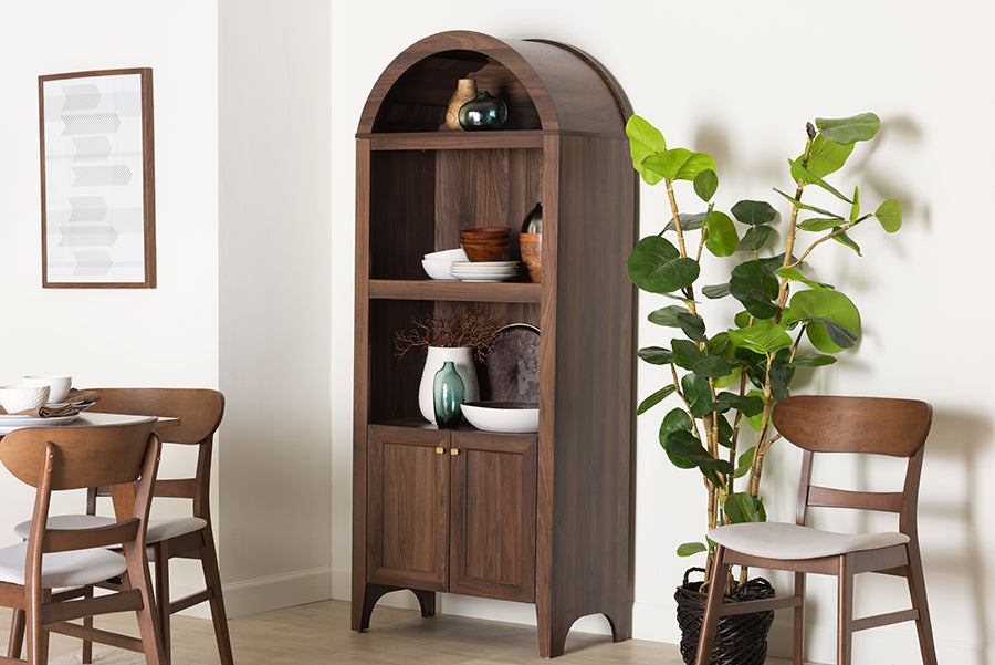 Modern dining room with wood arch cabinet, indoor plant, and mid-century chairs