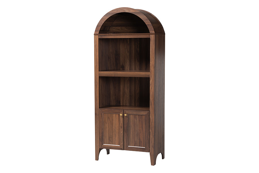 Modern walnut arched bookshelf with two open shelves and lower cabinet, FredCo International furniture