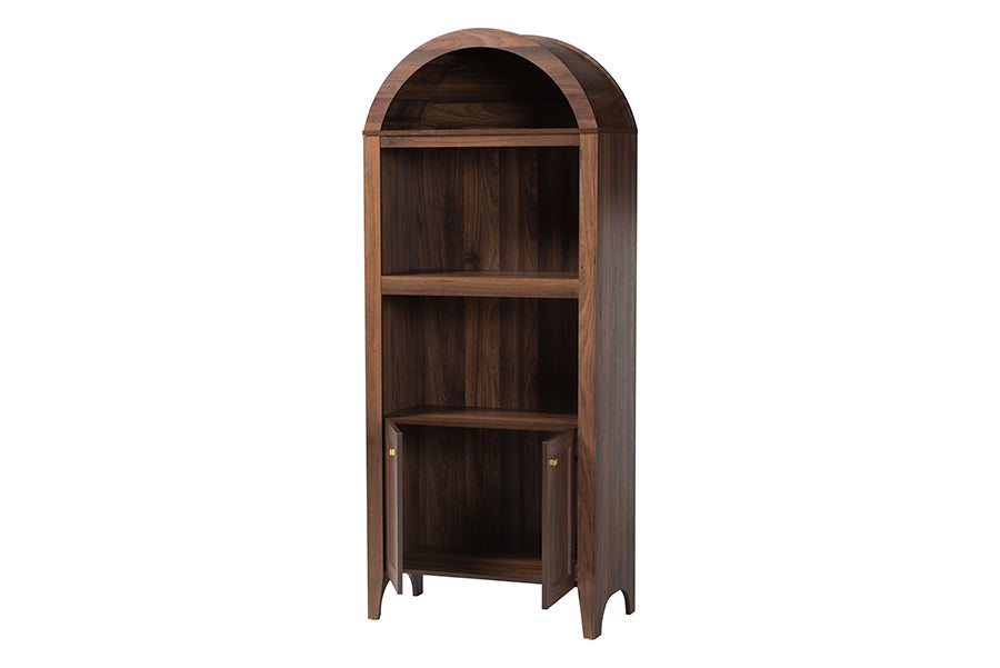 Wooden arched bookshelf with open shelves and lower cabinet, modern home furniture